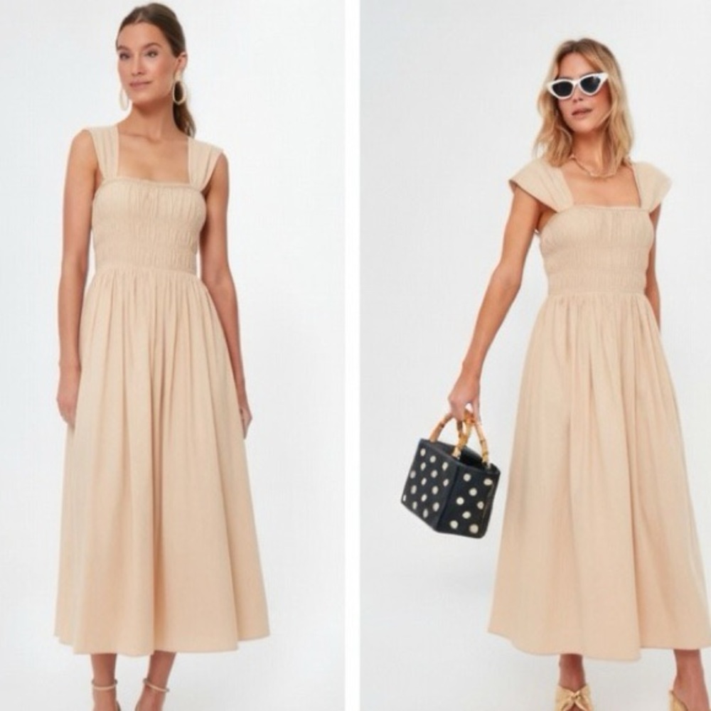 Pomander Place | Noah Smocked Classy Minimalist Midi Dress sand beige Size M